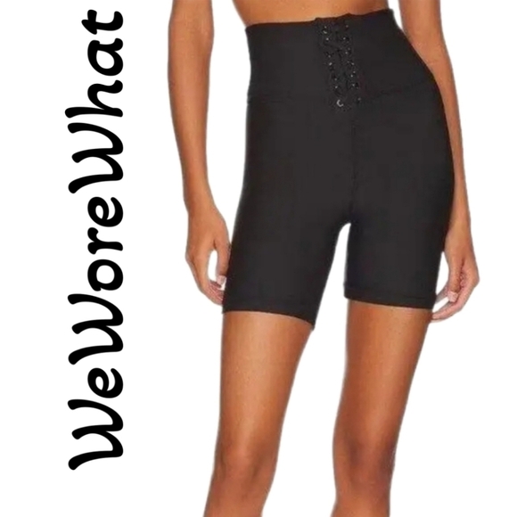 We Wore What Womens Black Lace Up Biker Shorts Sz 31 Corsette Look Athletic - Picture 1 of 14